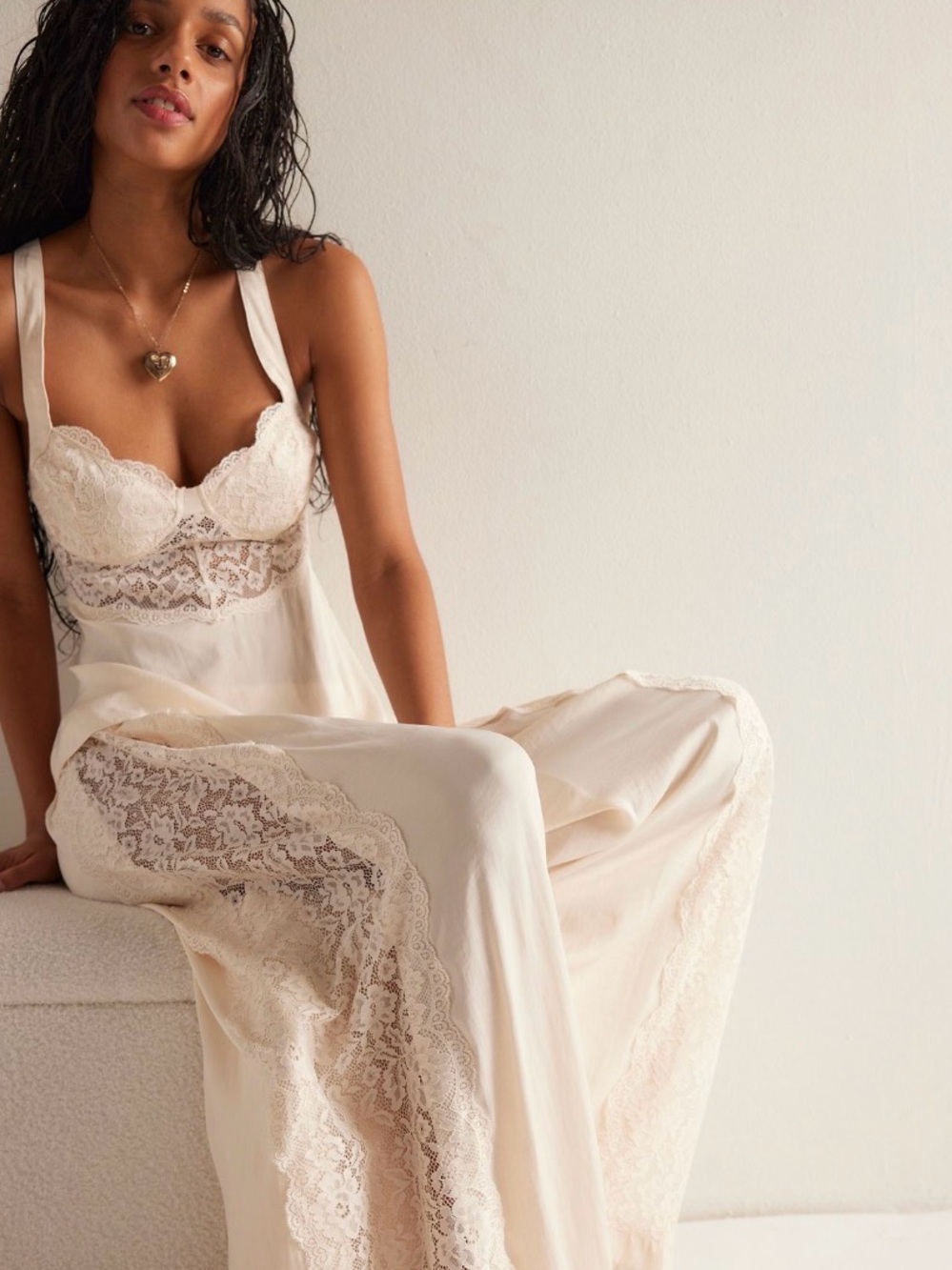 Free People Cream Lace-Panel Satin Chemise (So In Love Cami and Pants)